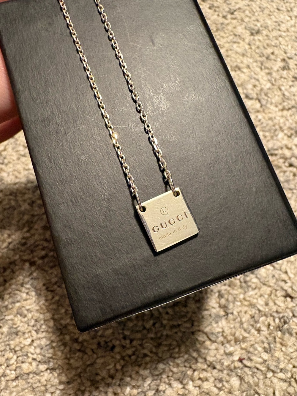 Gucci 925 Sterling Silver Square Logo Pendant Necklace